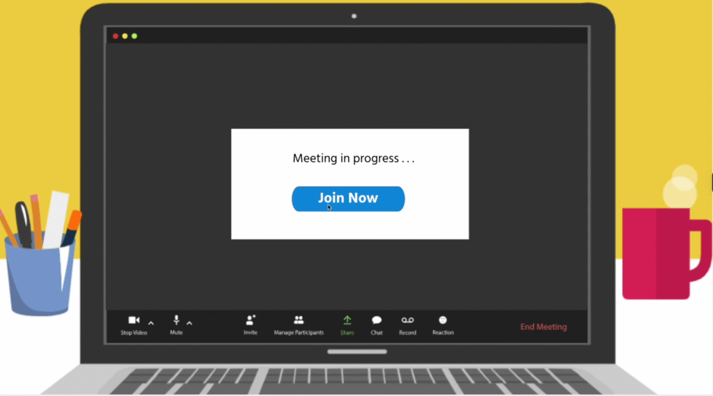 Illustration of a laptop screen with a "Join Now" button simulating a video conference login. Simulated webinar screen with 'Join Now' button in a virtual meeting interface.